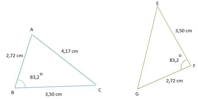 Triangle ABC (2,72 cm, 4,17 cm, angle 83,2°) et triangle EFG (3,50 cm, 2,72 cm, angle 83,2°) utilisés pour la démonstration du critère CAC
